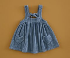 Vestido Alças Corações Bombazina Azul-Aço Vestido Alças Corações Bombazina Azul-Aço