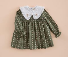 Vestido Gola Bordada Riscas Flor Verde-Musgo Vestido Gola Bordada Riscas Flor Verde-Musgo